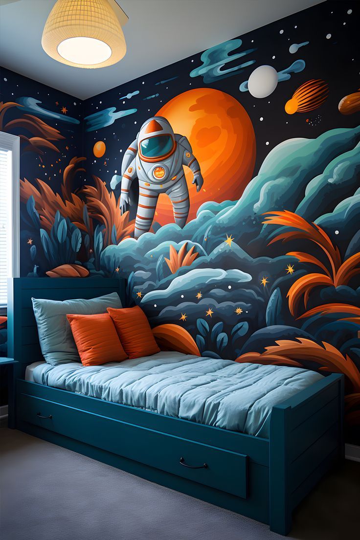 a bedroom decorated in blue and orange with an astronaut mural on the wall