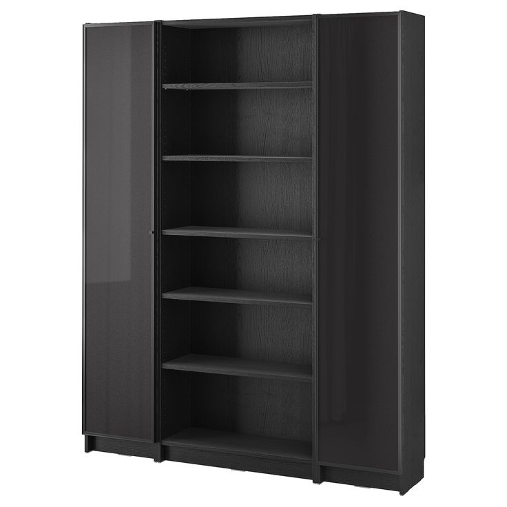 an open bookcase with two shelves on one side and three doors on the other