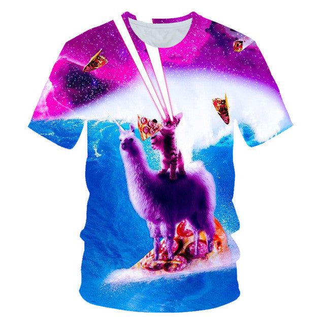 Get ready to blast off into style with the Galaxy Colorful T-Shirt! Add some excitement to your everyday wardrobe with this eye-catching t-shirt, featuring a colorful cartoon galaxy print. Made from a blend of polyester and spandex, it's light, comfortable, and durable for all-day wear. The O-neck collar and unisex style make it a versatile choice for everyone. Perfect for special occasions or everyday use, this t-shirt is easy to match with any outfit and is sure to turn heads. Get your Galaxy Funny Multicolor Summer T-shirt, Playful Short Sleeve T-shirt With All Over Print, Summer Crew Neck Sublimation T-shirt With Funny Print, Playful Cartoon Print Crew Neck T-shirt, Fun Unicorn Print T-shirt For Summer, Novelty Cartoon Print Summer Tops, Fun Multicolor Character Print T-shirt, Multicolor Character Print Fun T-shirt, Summer Novelty Tops With Cartoon Print