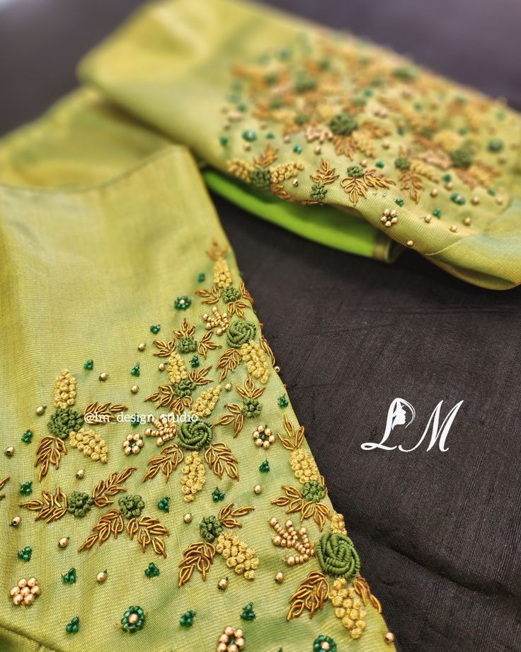 Zardhosi aari work blouse Pista Green Aari Work Blouse, Thread Work Aari Blouse Design, Aari Work Net Blouse Designs, Fancy Aari Work Blouse Designs, Aari Beads Work Blouse, Green Aari Work Blouse, Cut Beads Aari Work Design, Aari Thread Work Blouse Designs, Thread Work Blouse Designs Embroidery