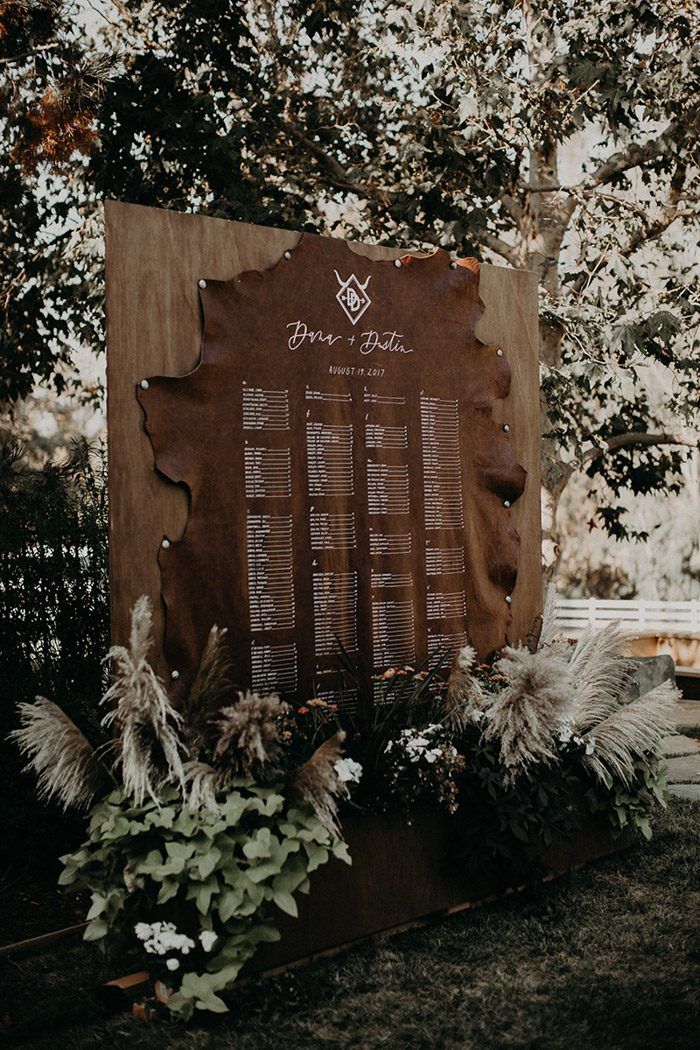 a wooden sign sitting in the middle of a lush green field with flowers and plants