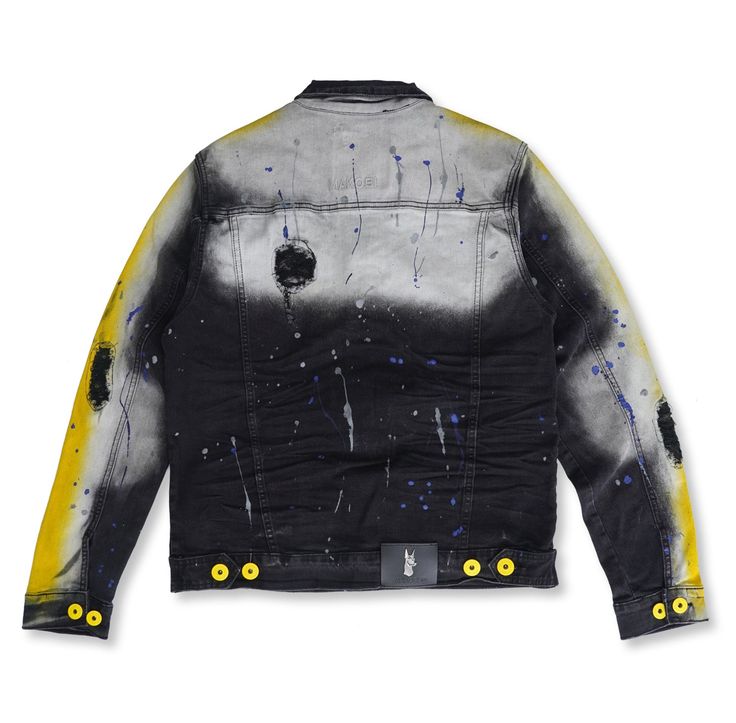 MAKOBI PAINT STROKE DENIM JACKET Matches with our M1938 Denim Jeans in Black Colors: Black, Light Wash, and Dirt High-quality durable denim fabric Double pockets on the chest area with flaps and button Side pockets on the side Ripped ad repair design with paint splash Splatter dye for a unique design Multi-tone dye throughout the garment Up for #Bigandtall Paint Denim Jacket, Paint Denim, Paint Strokes, Paint Splash, Black Denim Jacket, Big And Tall, Black Light, Denim Fabric, Jeans Shop