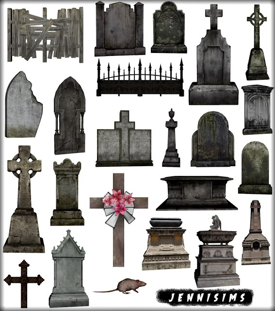 an assortment of tombstones and crosses with flowers in the middle, on a white background