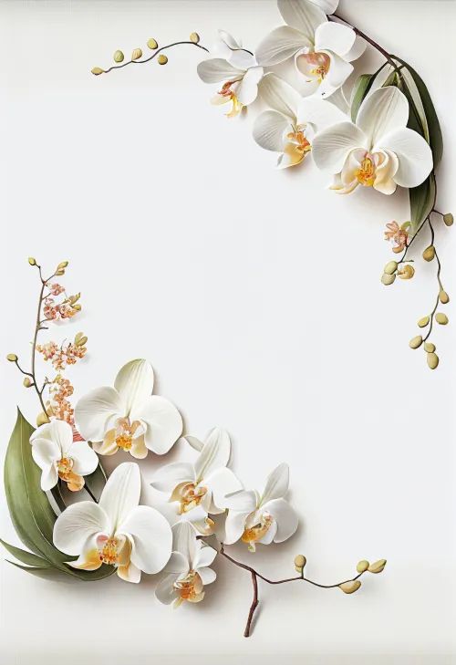 white orchids and green leaves on a white background with space in the center for text