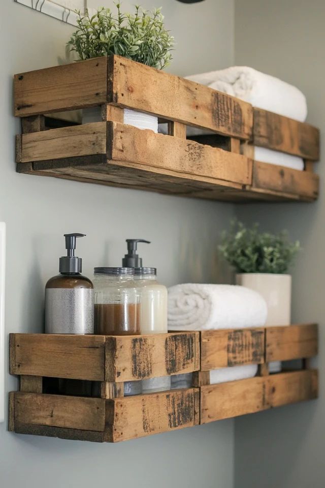 two wooden crates are holding soap and lotion in the bathroom, one is made out of pallet wood