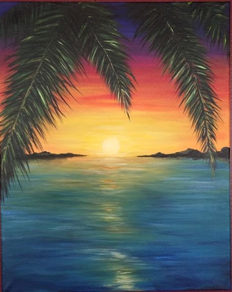 a painting of a sunset over the ocean with palm trees