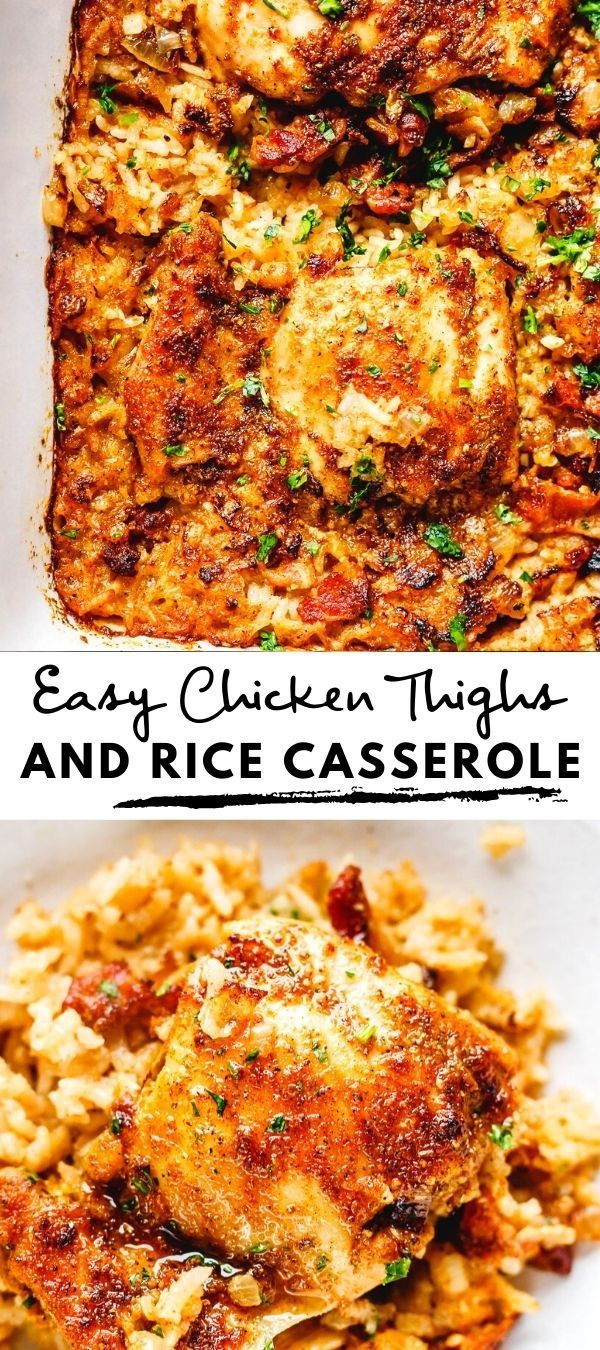 two pictures of chicken thighs and rice casserole