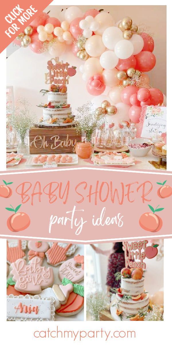 a baby shower party with balloons, cake and desserts on the table in peach tones