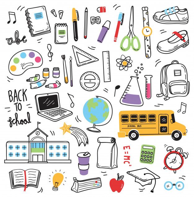 back to school hand drawn doodles and objects in the shape of a circle on a white background