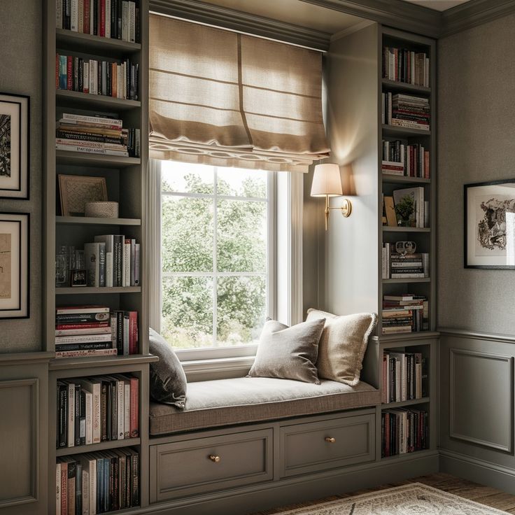 a window seat in front of a bookshelf filled with lots of bookcases