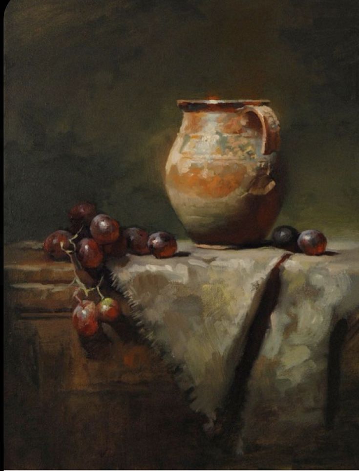 a painting of a vase and grapes on a table