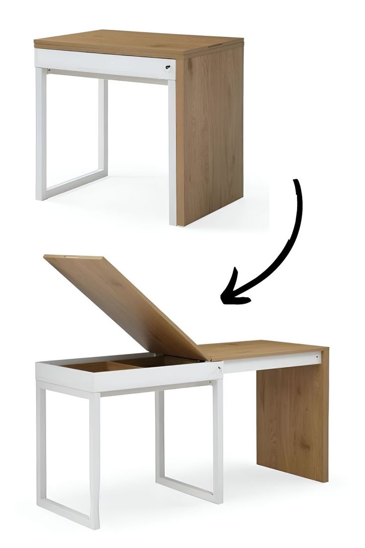 two different views of a desk with an open drawer on the top and bottom side