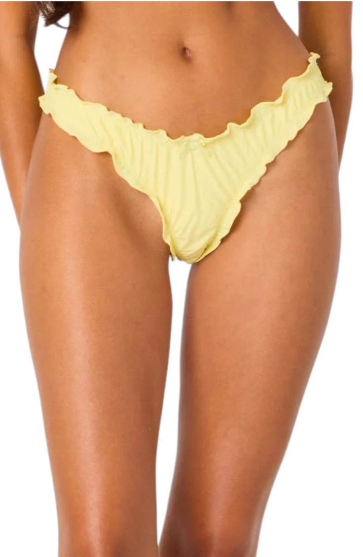 Ruffled edges detail these bikini bottoms that will add timeless charm to your poolside looks. Cheeky back coverage 82% nylon, 18% spandex Hand wash, dry flat Imported Beachwear Bottoms With Ruffles For Pool, Beachwear Bottoms With Ruffles For Beach Season, Ruffled Beachwear Bottoms For Pool, Ruffled Nylon Swimwear For Pool, Summer Pool Bottoms With Ruffles, Ruffled Nylon Swimwear, Stretch Beachwear Bottoms With Ruffles, Stretch Ruffle Nylon Swimwear, Yellow Ruffled Bottoms For Vacation