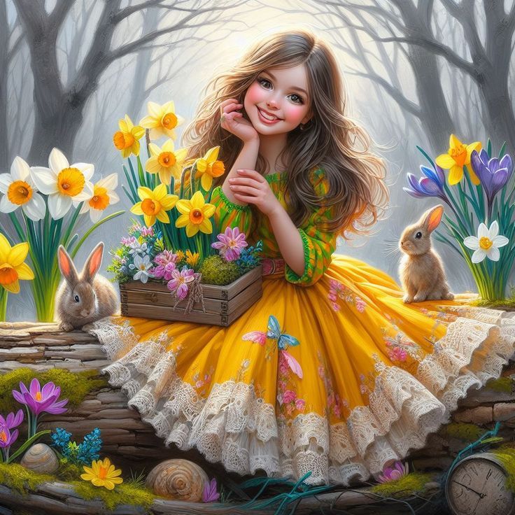 a painting of a girl with flowers and rabbits