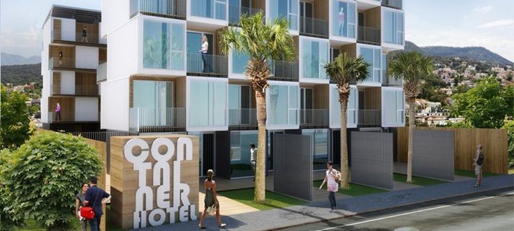 an artist's rendering of the exterior of a hotel with palm trees and people walking on the sidewalk