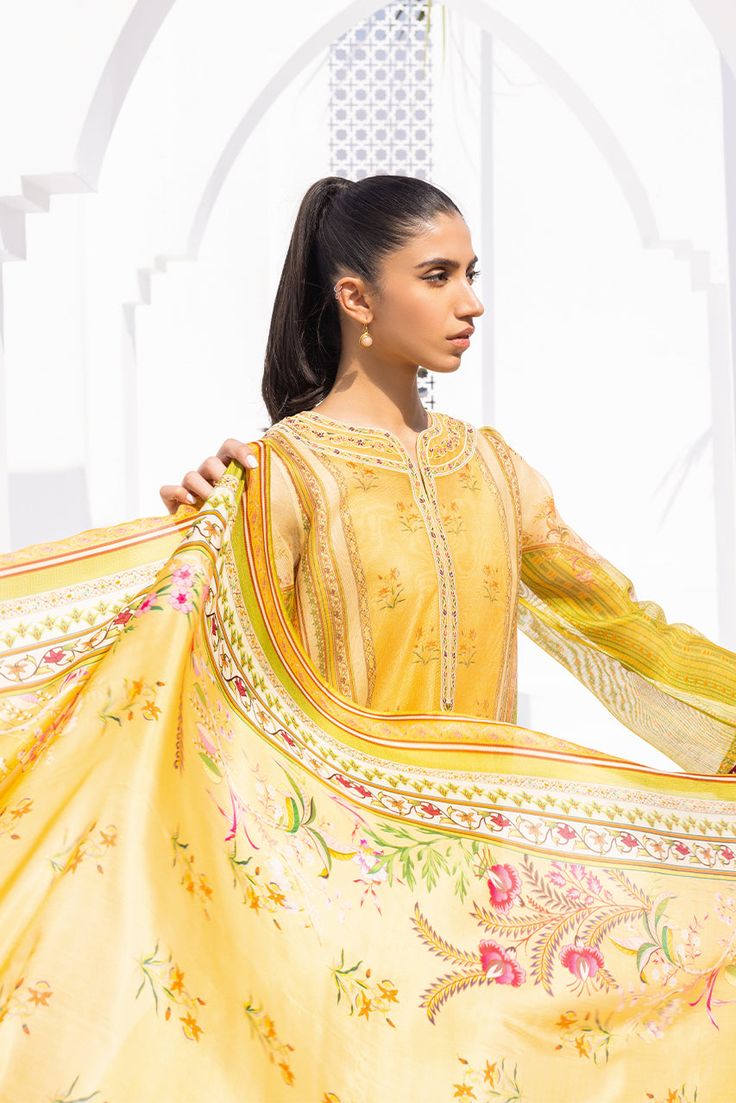 Arya (B) – Sania Maskatiya International Yellow Floral Print Kurta For Wedding, Silk Kurta With Digital Print For Diwali, Traditional Slub Silk Salwar Kameez For Spring, Spring Semi-stitched Silk Anarkali Set, Elegant Yellow Churidar With Sheer Dupatta, Spring Yellow Chanderi Anarkali Set, Slub Silk Dupatta For Spring Weddings, Wedding Dupatta In Slub Silk For Spring, Yellow Sheer Dupatta In Slub Silk