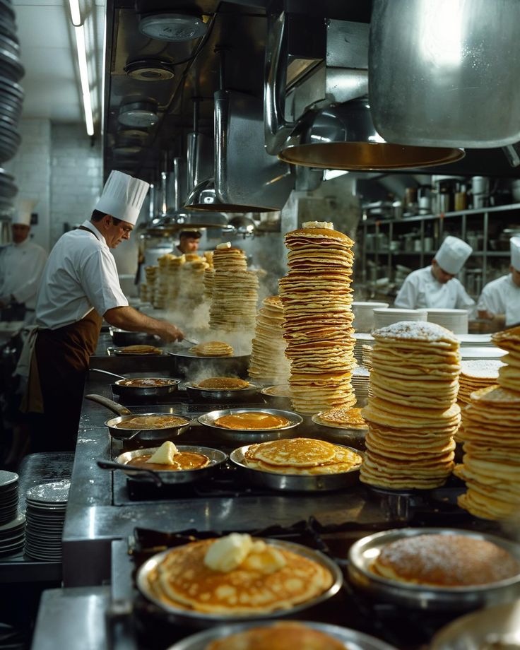 pancakes being prepared in a kitchen with chefs working behind them