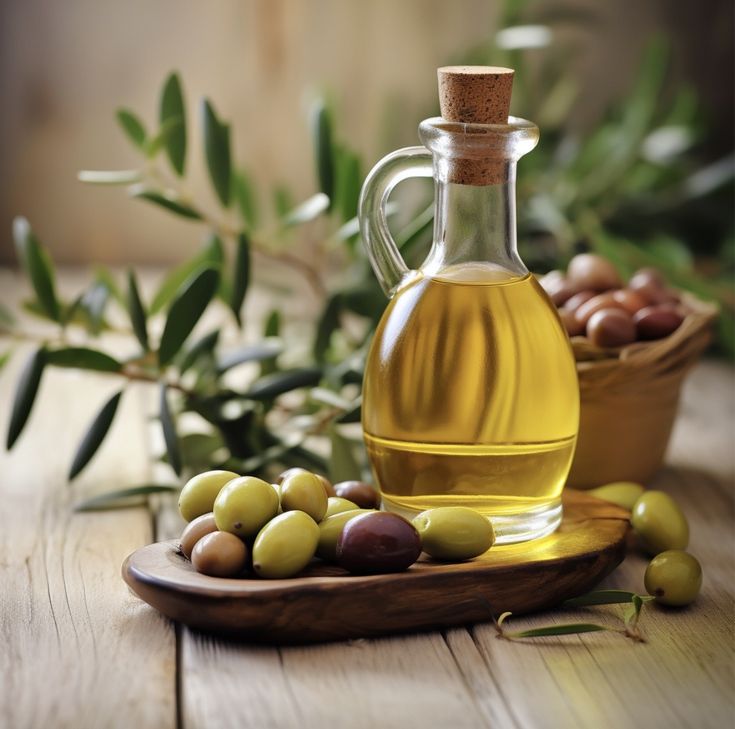 a bottle of olive oil sitting on top of a wooden tray