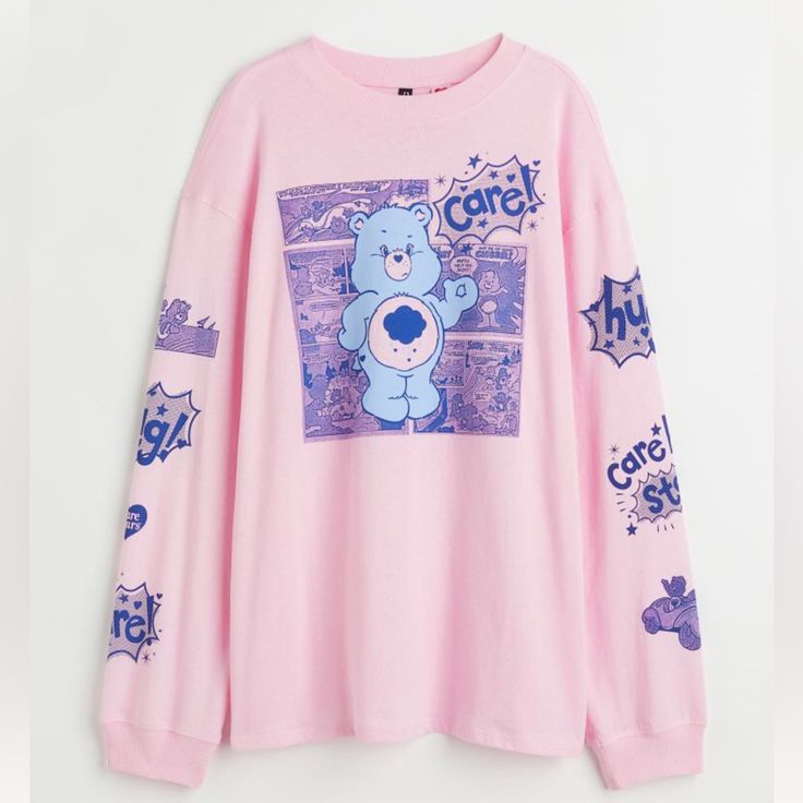 H&M Care Bear Long Sleeve T Shirt Oversized H&m Relaxed Fit T-shirt With Graphic Print, Cute Cotton H&m Tops, Oversized Cartoon Print Crew Neck Top, Pink Long Sleeve T-shirt With Graphic Print, Trendy H&m Graphic Print T-shirt, Oversized H&m Sweatshirt For Streetwear, H&m Oversized Cotton Sweatshirt, H&m Graphic Print Tops For Spring, Pink Graphic Print Top For Fall