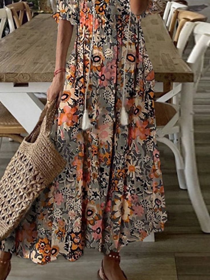 Loosen Floral Short Sleeve Woven Dress Bohemian A-line Maxi Dress For Brunch, Casual Floral Print Maxi Dress, Flowy Midi Dress For Fall, Bohemian Long Skirt Dress For Fall, Bohemian Long Dress For Fall, Casual Long-skirt Beach Dress, Casual Long Skirt Dress For The Beach, Summer Dress With Floral Print Long Skirt, Summer Dresses With Floral Print And Long Skirt