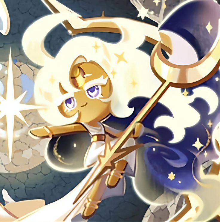 an animated image of a cat holding a staff with stars and clouds in the background