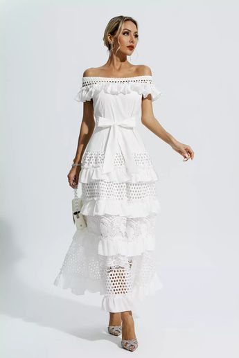 Elegant White Off Shoulder Dress For The Beach, Elegant White Off Shoulder Dress For Beach, Chic Off Shoulder Floor-length Summer Dress, Chic Summer Floor-length Off Shoulder Dress, White Maxi Off-shoulder Dress For Party, White Off Shoulder Maxi Dress, Elegant White Off-shoulder Dress For Beach, Floor-length Off Shoulder Dress With Ruffles, Lace Hollow Out Maxi Dress