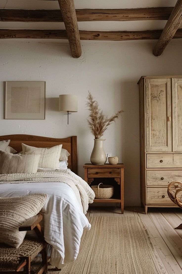 a bed sitting in a bedroom next to a wooden dresser