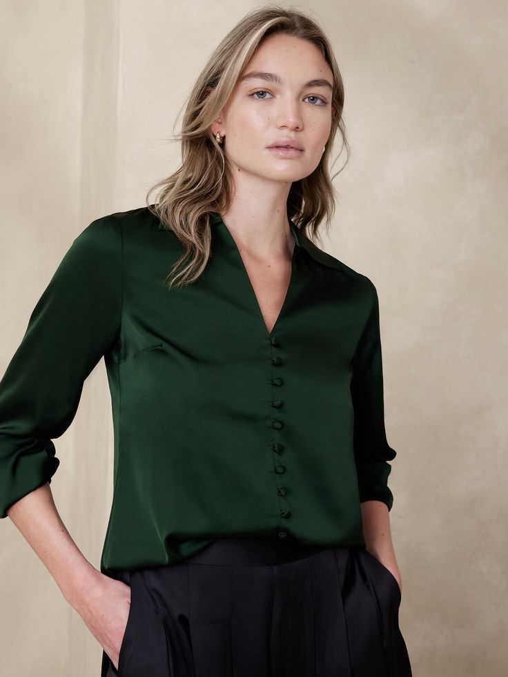 Satin Covered-Button Blouse | Banana Republic Factory Elegant V-neck Top With Cuffed Sleeves, Elegant V-neck Top With Button Cuffs, Fall V-neck Blouse With Placket, Green V-neck Blouse With Buttons, Green V-neck Formal Blouse, Versatile Office Blouse With Button Closure, Versatile V-neck Blouse With Buttons, Versatile Formal Blouse With Button Closure, Green Formal Tops With Button Cuffs