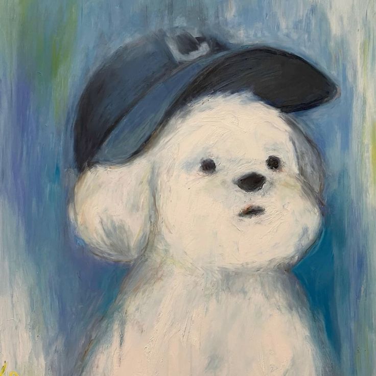 a painting of a white dog wearing a black hat