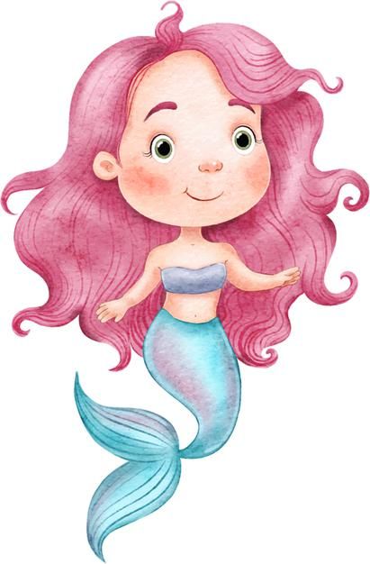 a watercolor drawing of a little mermaid with pink hair