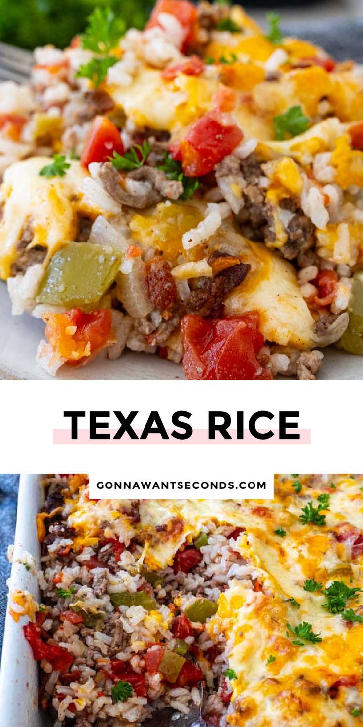 a casserole dish with rice, meat and vegetables in it on a plate