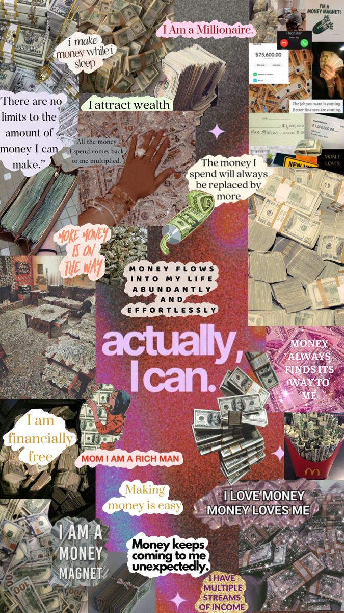 a collage of images with words and money