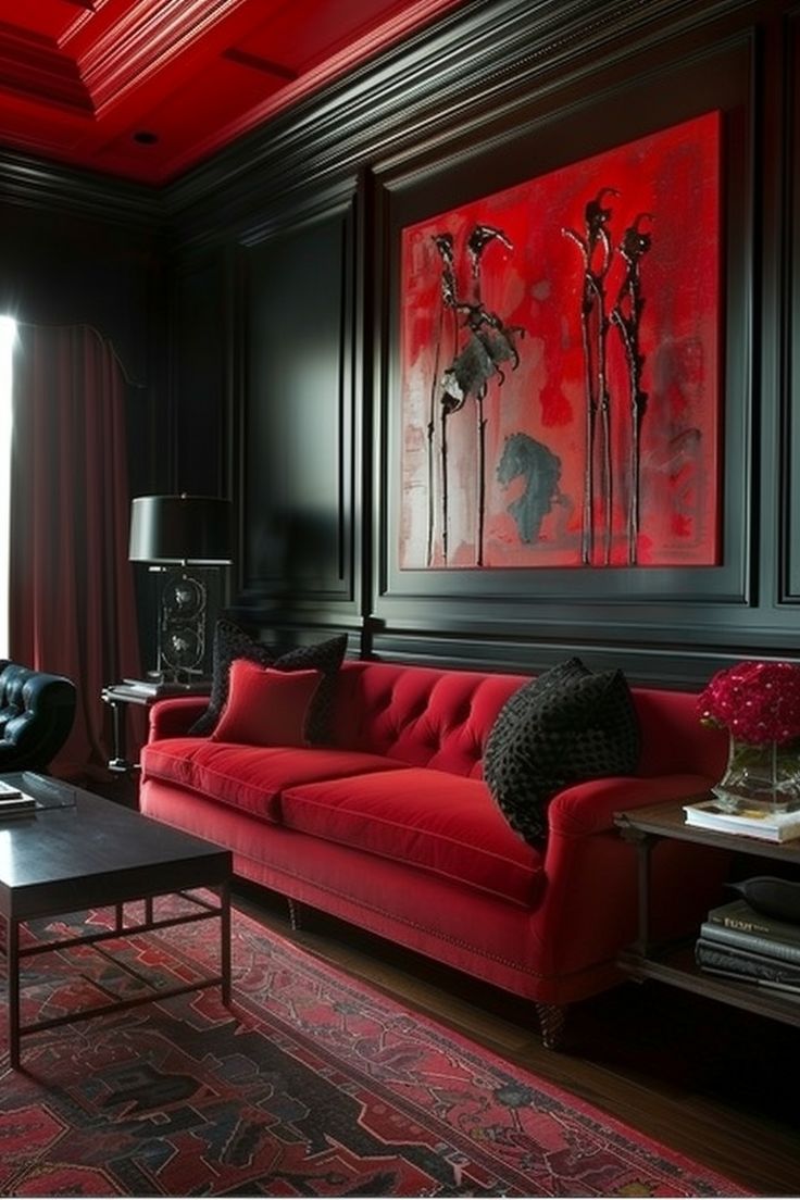 a living room with red and black decor