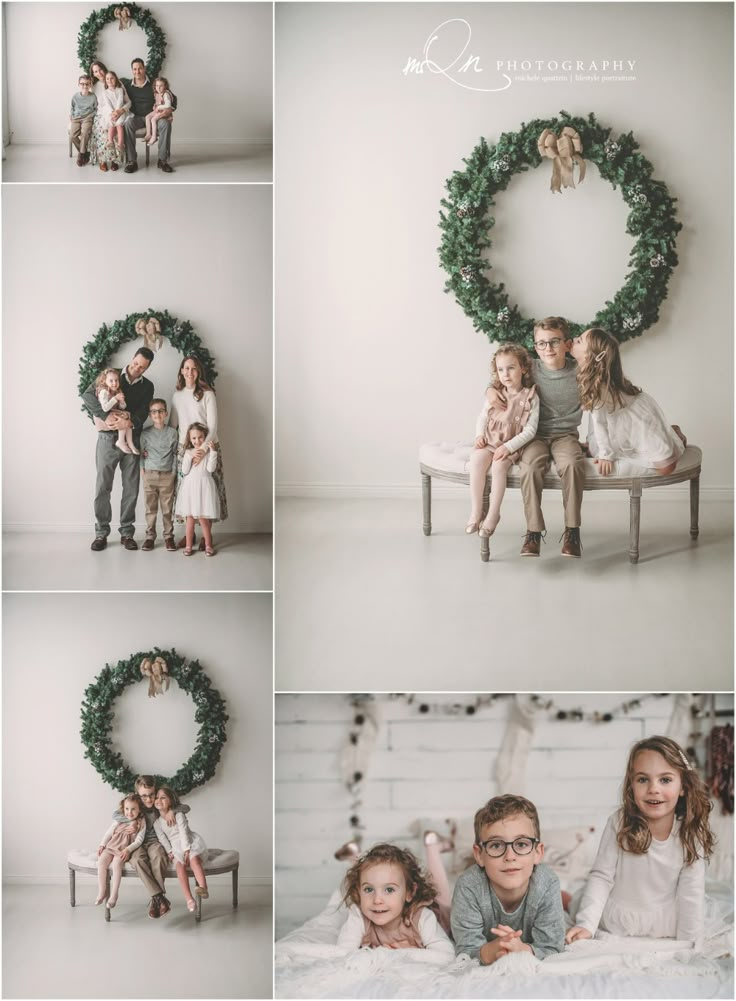 a collage of family photos in front of a christmas wreath with their children sitting on the chair