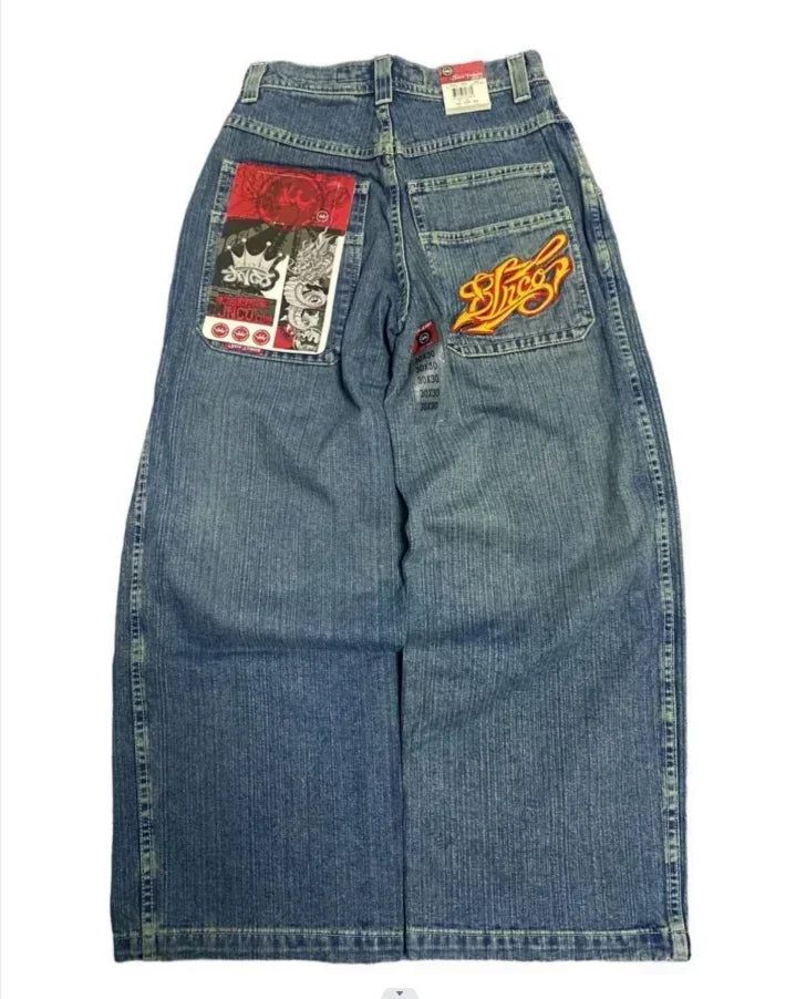 Xituodai Y2K streetwear painted denim letter printed wide leg pants me – xituodai Retro Blue Jeans With Graphic Print, High Waisted Baggy Jeans, Mode Hippie, Hip Hop Jeans, Jnco Jeans, Denim Pants Mens, Denim Decor, Y2k Pants, Jean Vintage