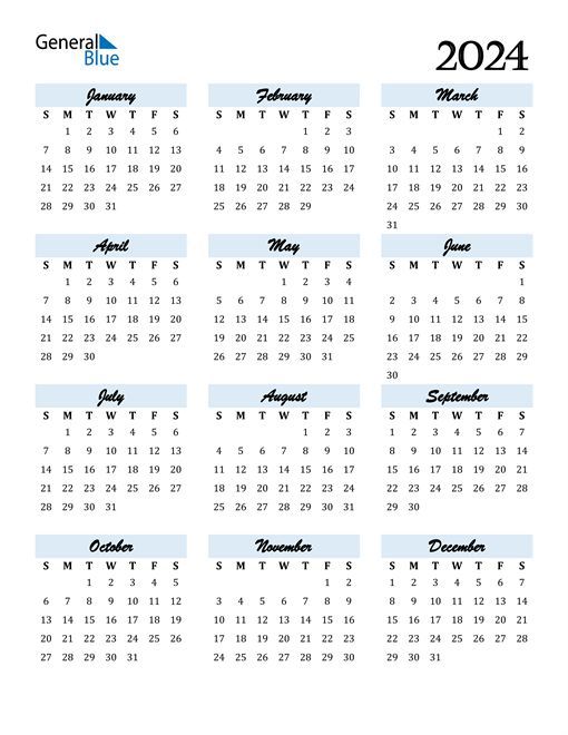 a calendar with the word general blue in black and white, on a white background