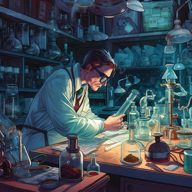 a man working in a lab filled with lots of bottles and flasks on top of a wooden table