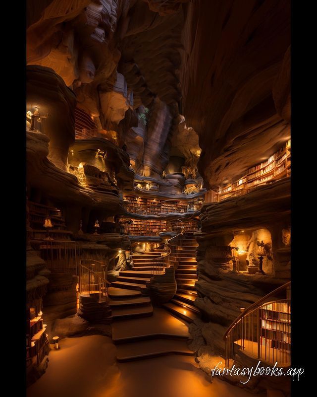 the inside of a cave with stairs and bookshelves