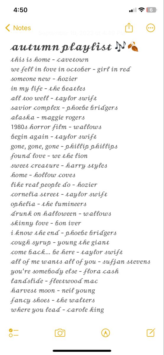 an iphone screen with the words autumn playlist written in yellow and white on it