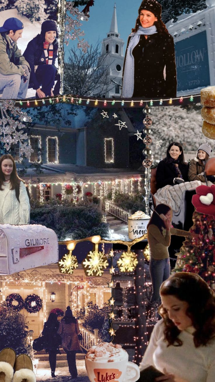 a collage of photos with people and christmas decorations in the foreground, snow covered houses behind them