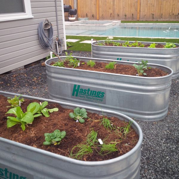 several metal containers filled with plants next to a house