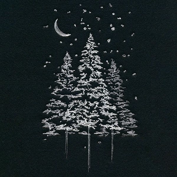 a black and white drawing of a pine tree at night with the moon in the sky