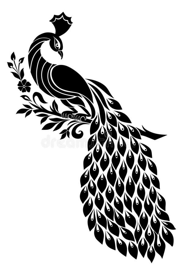 a black and white peacock on a branch with leaves royalty illustration for logo or emblem design