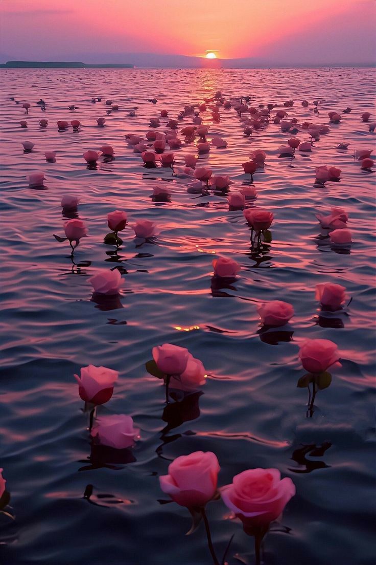 pink flowers floating in the water at sunset with sun rising over the ocean behind them