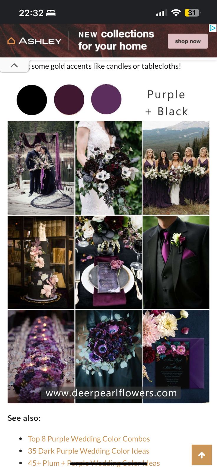 the purple and black wedding color scheme is displayed on an iphone screen, with photos taken from