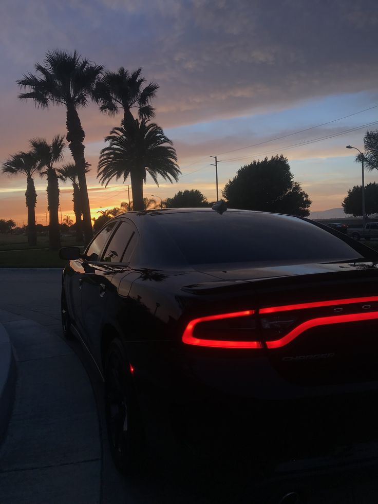 a black car parked on the side of a road next to palm trees at sunset