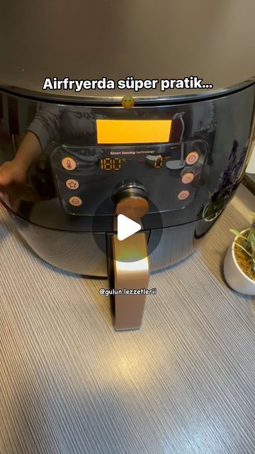 an air fryer sitting on top of a counter next to a potted plant