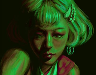 a painting of a woman with green hair