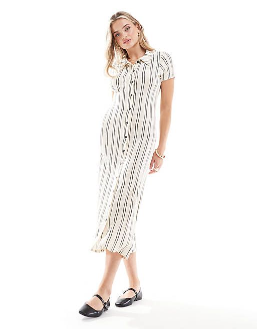 ASOS DESIGN short sleeve button through midi dress in white stripe | ASOS Casual White Midi Length Shirt Dress, White Short Sleeve Midi Dress With Buttons, Striped Collared Shirt Dress With Button Closure, Fitted Midi Dress With Vertical Stripes For Summer, Summer Midi Dress With Vertical Stripes, Striped Short Sleeve Dress With Buttons, Chic Striped Short Sleeve Midi Dress, Fitted Striped Shirt Dress With Buttons, Casual Striped Button-up Dresses