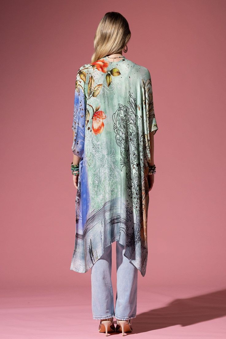 Introducing the Watercolor Floral Kimonos, featuring a stunning floral print against a watercolor-effect background. Made with 100% viscose, these kimonos are the epitome of luxury and elegance. The linear details add a touch of sophistication. Approximate measurements are L 38" and W 40", making it the perfect accessory for any occasion. Bohemian Multicolor Print Kimono For Spring, Festival Silk Kimono With Flowy Fit, Elegant Floral Print V-neck Kimono, Bohemian Multicolor Floral Print Kimono, Elegant Multicolor Printed Kimono, Elegant Flowy Spring Kimono, Spring Kimono With Abstract Print, Summer Silk Kimono With Open Front, Silk Floral Print Kimono For Festivals